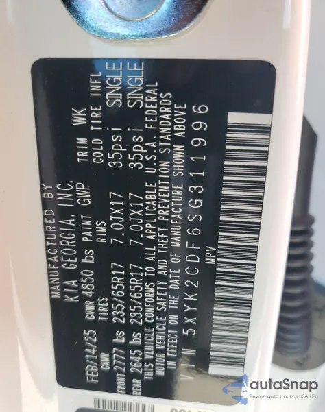 2025 Kia Sportage Lx из США, поврежденный, VIN 5XYK2CDF6SG311996